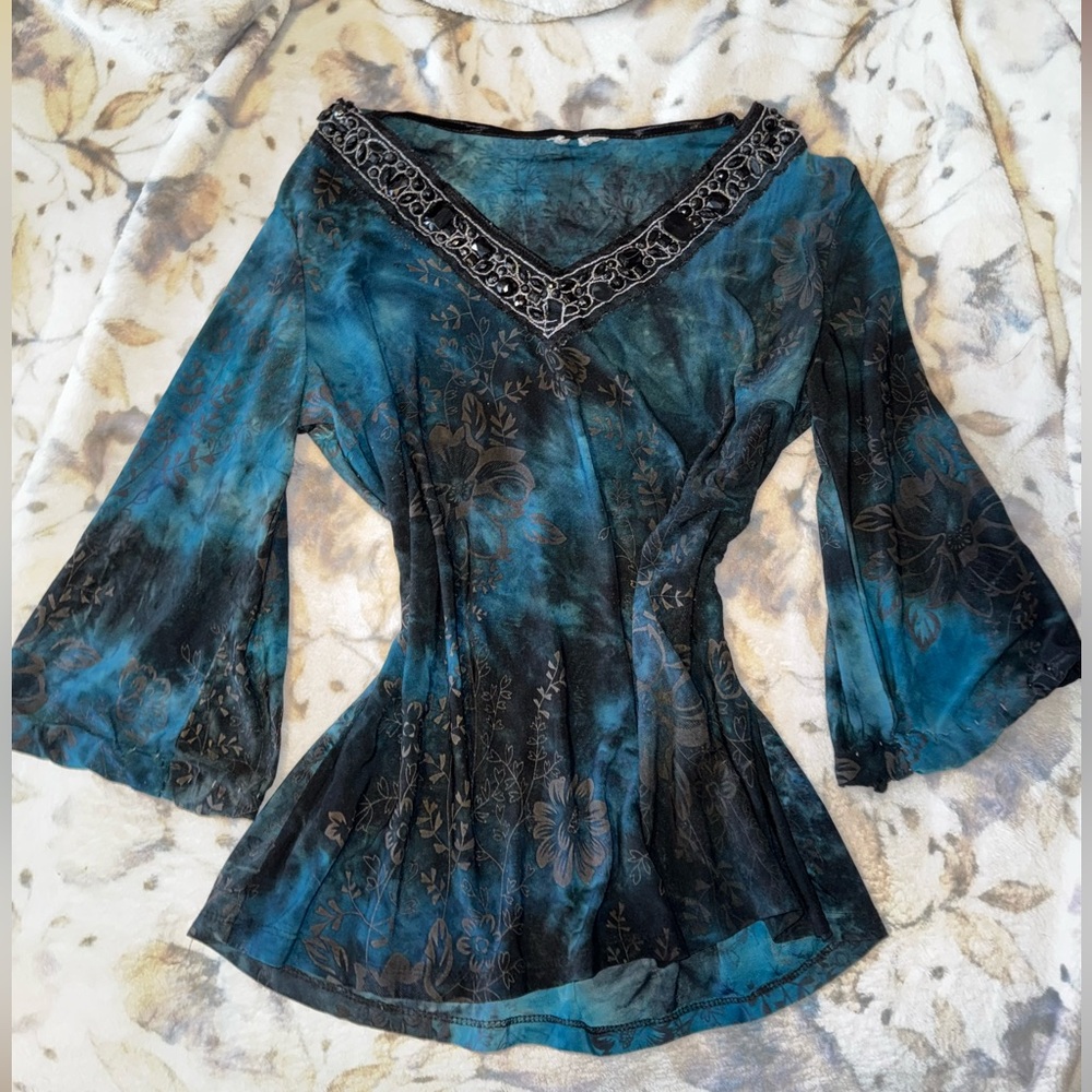 Elegant Y2K Blue Floral V-Neck Blouse